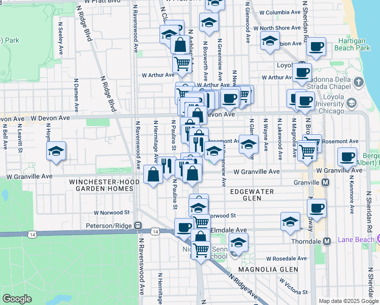 map of restaurants, bars, coffee shops, grocery stores, and more near 6248 North Clark Street in Chicago