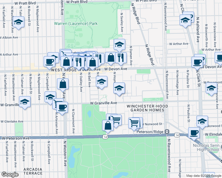 map of restaurants, bars, coffee shops, grocery stores, and more near 6242 North Hoyne Avenue in Chicago