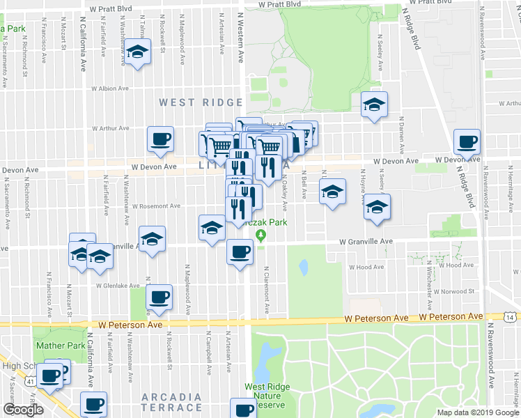 map of restaurants, bars, coffee shops, grocery stores, and more near 6245 North Claremont Avenue in Chicago