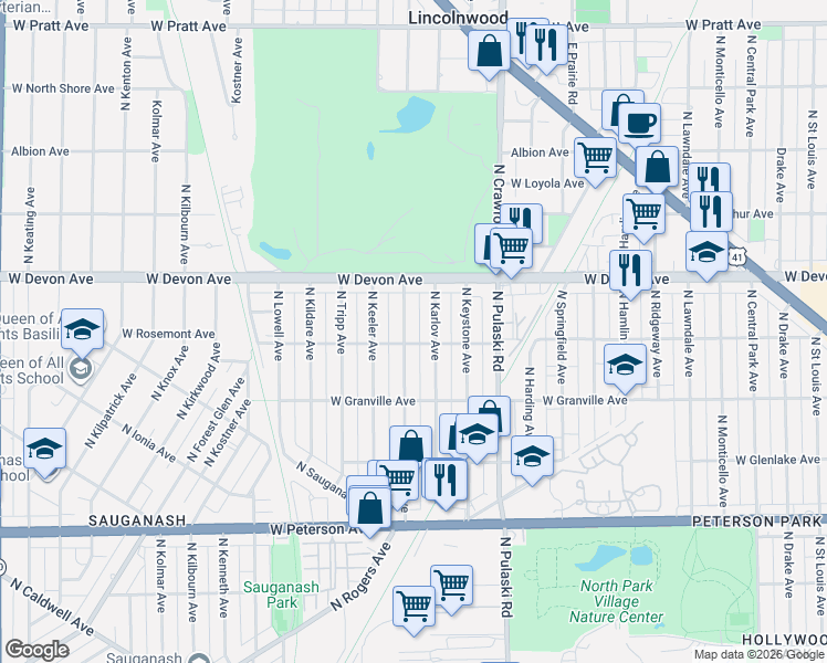 map of restaurants, bars, coffee shops, grocery stores, and more near 6301 North Kedvale Avenue in Chicago