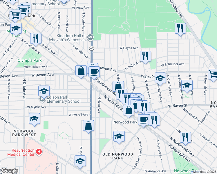 map of restaurants, bars, coffee shops, grocery stores, and more near 6255 North Northwest Highway in Chicago
