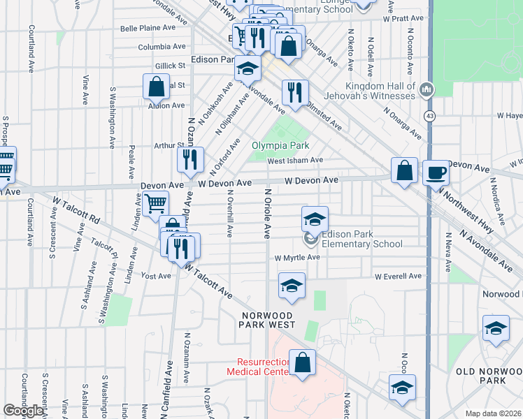 map of restaurants, bars, coffee shops, grocery stores, and more near 7618 West Palatine Avenue in Chicago