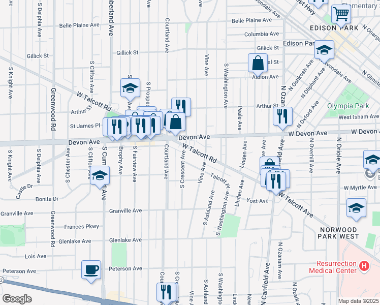 map of restaurants, bars, coffee shops, grocery stores, and more near 430 Talcott Place in Park Ridge