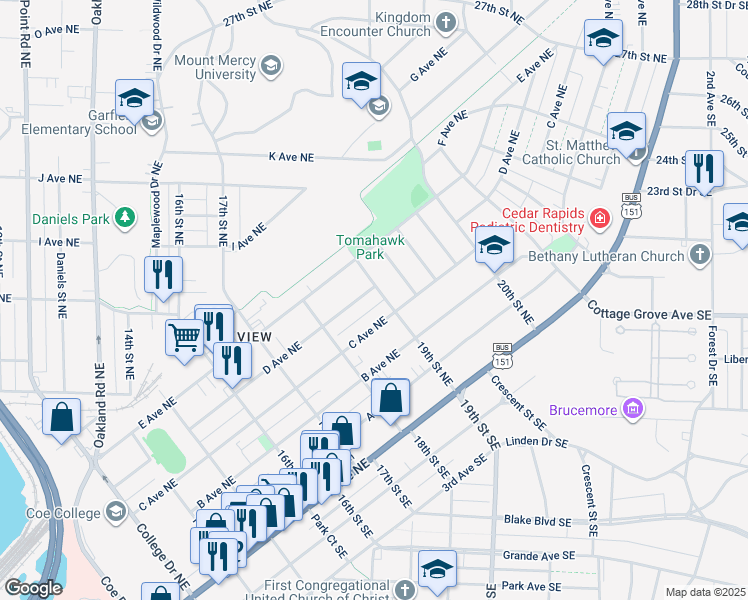map of restaurants, bars, coffee shops, grocery stores, and more near 1841 D Avenue Northeast in Cedar Rapids