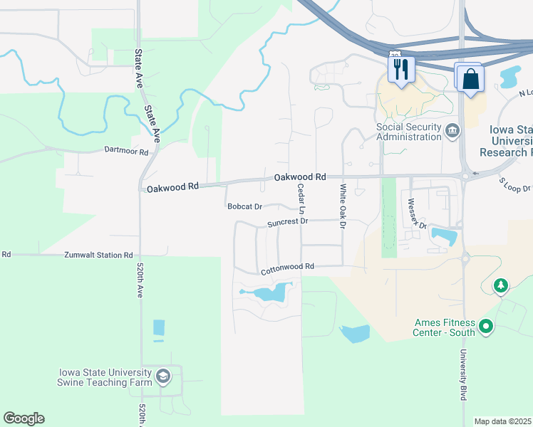 map of restaurants, bars, coffee shops, grocery stores, and more near 2618 Bobcat Drive in Ames