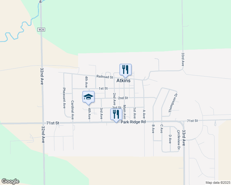 map of restaurants, bars, coffee shops, grocery stores, and more near 116 2nd Avenue in Atkins
