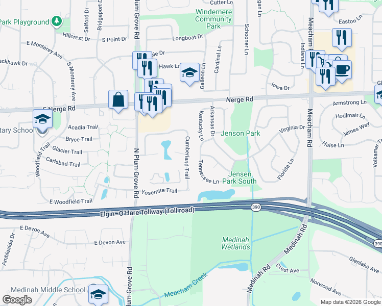 map of restaurants, bars, coffee shops, grocery stores, and more near 617 Cumberland Trail in Roselle