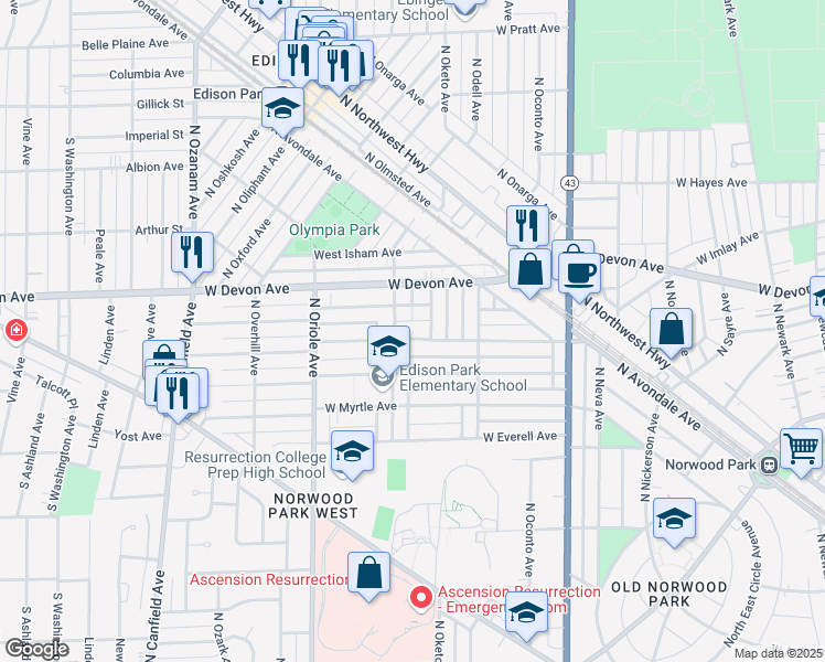 map of restaurants, bars, coffee shops, grocery stores, and more near 7424 West Palatine Avenue in Chicago