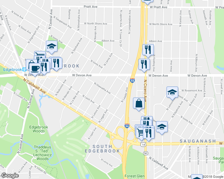 map of restaurants, bars, coffee shops, grocery stores, and more near 6311 North Lenox Avenue in Chicago