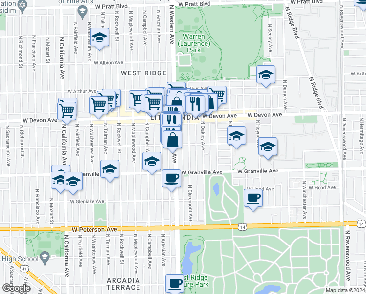 map of restaurants, bars, coffee shops, grocery stores, and more near 2343 West Rosemont Avenue in Chicago