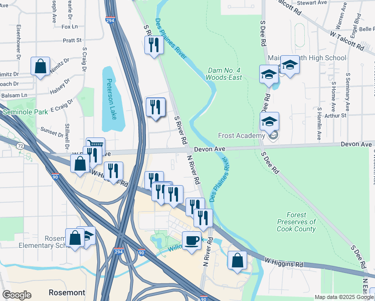 map of restaurants, bars, coffee shops, grocery stores, and more near 11142 North River Road in Rosemont