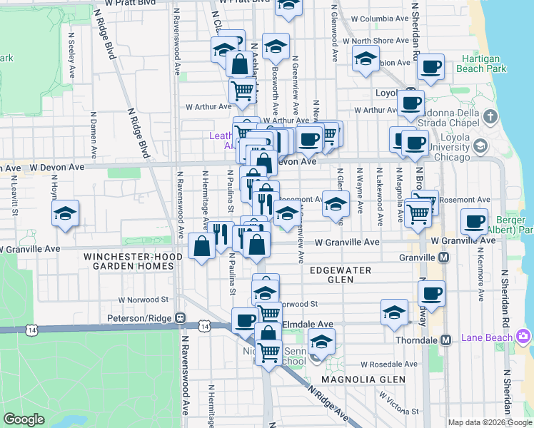 map of restaurants, bars, coffee shops, grocery stores, and more near 6248 North Clark Street in Chicago