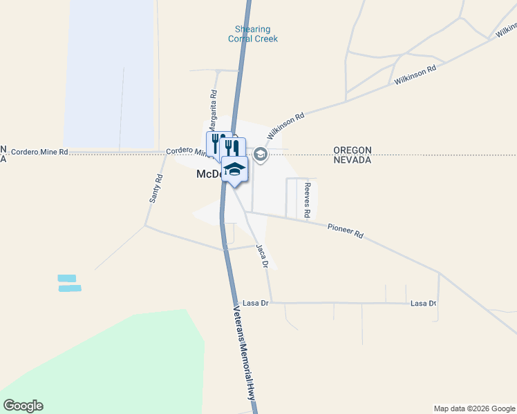 map of restaurants, bars, coffee shops, grocery stores, and more near 105 Pioneer Road in McDermitt