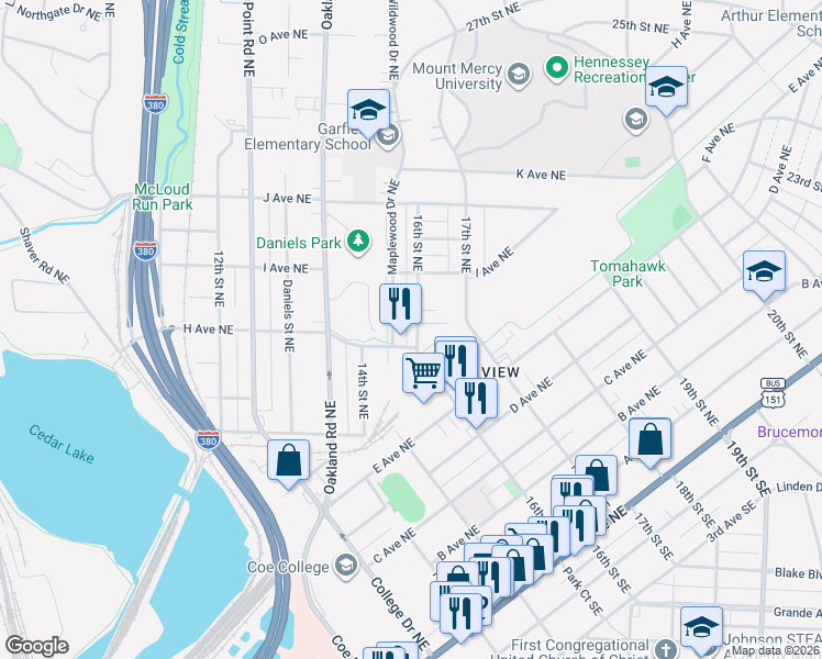 map of restaurants, bars, coffee shops, grocery stores, and more near 903 16th Street Northeast in Cedar Rapids