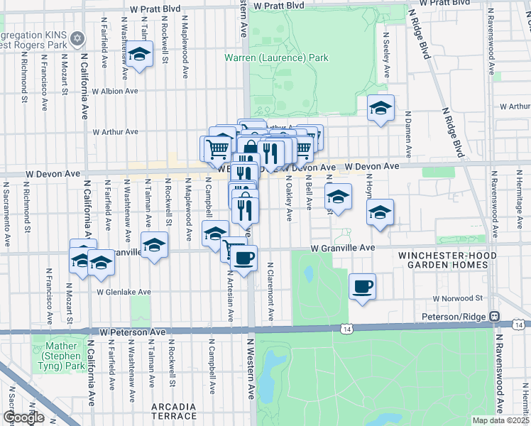 map of restaurants, bars, coffee shops, grocery stores, and more near 6258 North Claremont Avenue in Chicago
