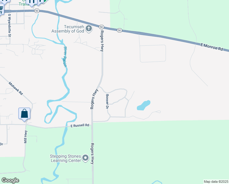 map of restaurants, bars, coffee shops, grocery stores, and more near 1018 Meadowview Drive in Tecumseh