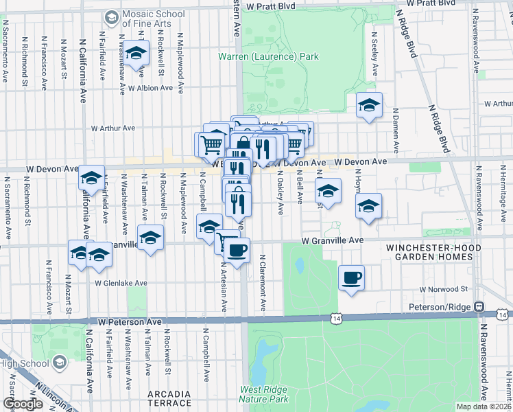 map of restaurants, bars, coffee shops, grocery stores, and more near 2337 West Rosemont Avenue in Chicago
