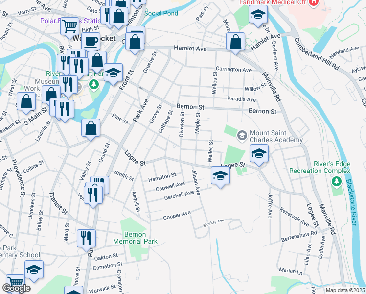 map of restaurants, bars, coffee shops, grocery stores, and more near 35 Washington Street in Woonsocket