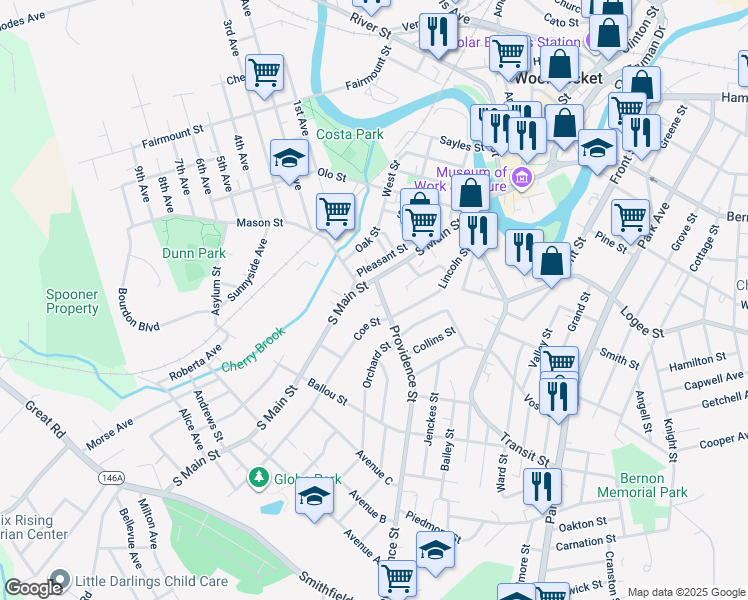 map of restaurants, bars, coffee shops, grocery stores, and more near 17 Coe Street in Woonsocket