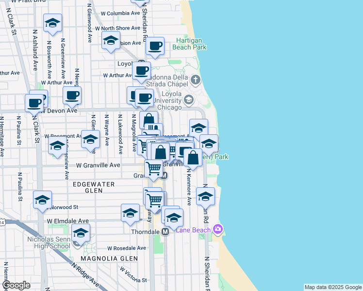 map of restaurants, bars, coffee shops, grocery stores, and more near 6230 North Kenmore Avenue in Chicago