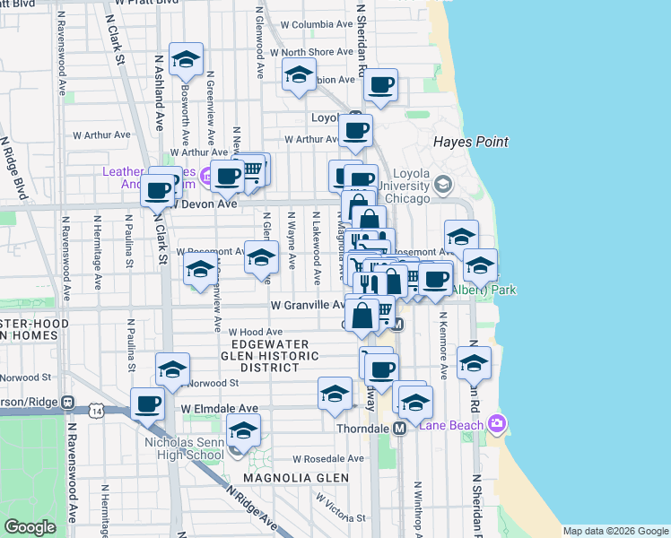 map of restaurants, bars, coffee shops, grocery stores, and more near 6231 North Magnolia Avenue in Chicago