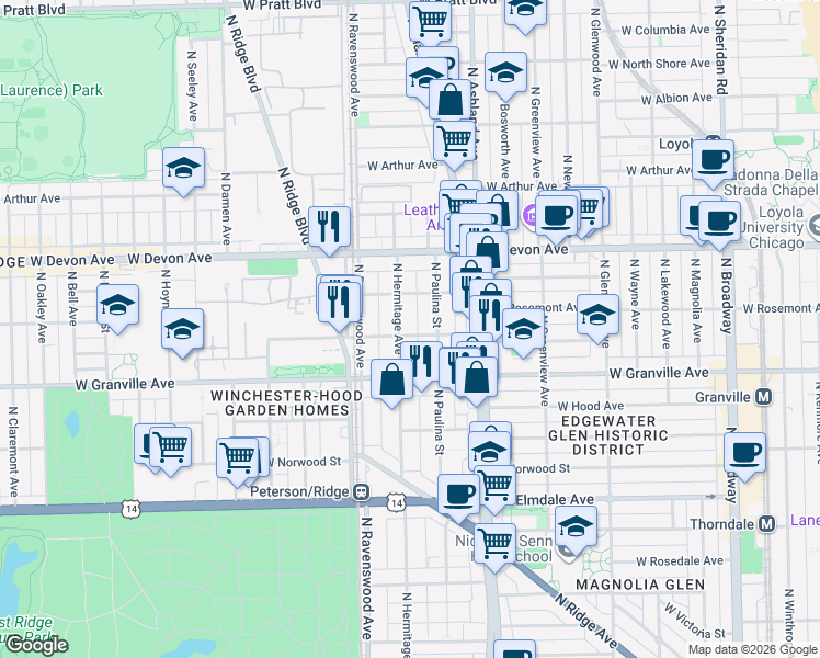 map of restaurants, bars, coffee shops, grocery stores, and more near 1743 West Thome Avenue in Chicago