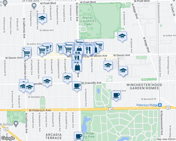 map of restaurants, bars, coffee shops, grocery stores, and more near 6245 North Claremont Avenue in Chicago