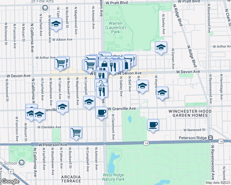 map of restaurants, bars, coffee shops, grocery stores, and more near 6245 North Claremont Avenue in Chicago