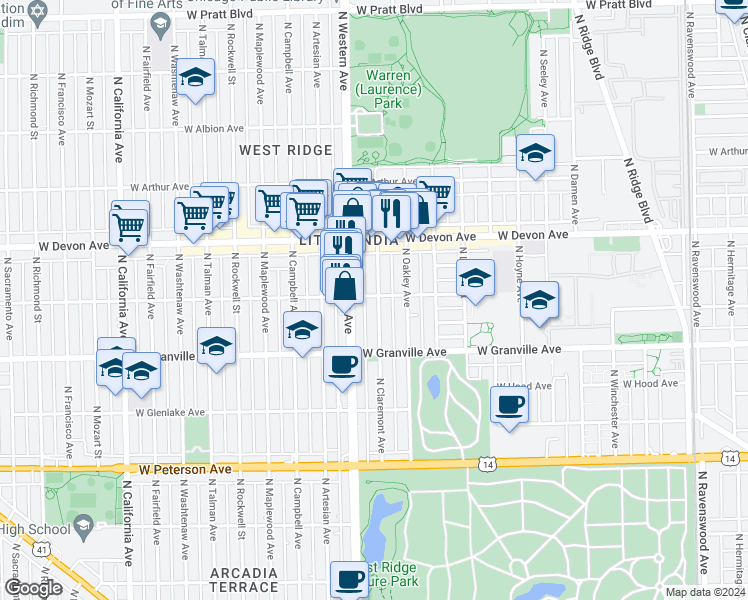 map of restaurants, bars, coffee shops, grocery stores, and more near 6245 North Claremont Avenue in Chicago