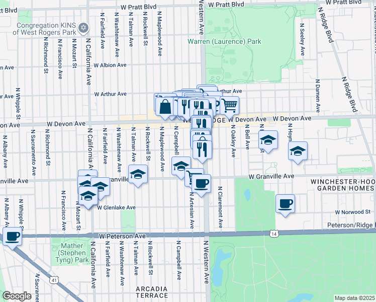 map of restaurants, bars, coffee shops, grocery stores, and more near in Chicago