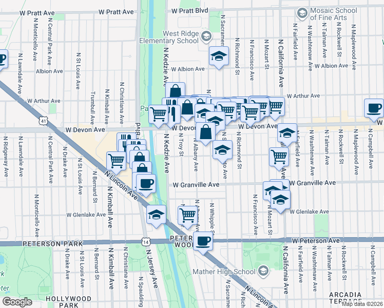 map of restaurants, bars, coffee shops, grocery stores, and more near 6253 North Albany Avenue in Chicago