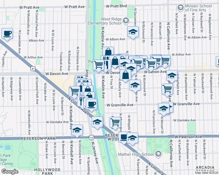 map of restaurants, bars, coffee shops, grocery stores, and more near 6256 North Troy Street in Chicago