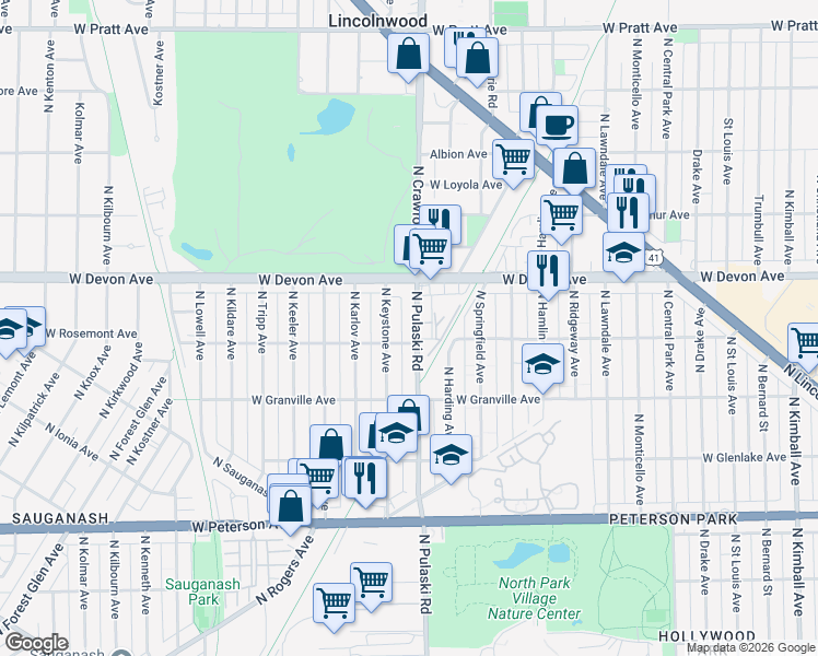 map of restaurants, bars, coffee shops, grocery stores, and more near 6300 North Pulaski Road in Chicago