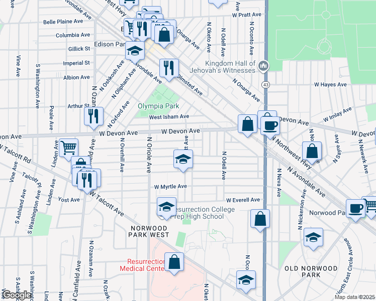 map of restaurants, bars, coffee shops, grocery stores, and more near 7424 West Palatine Avenue in Chicago