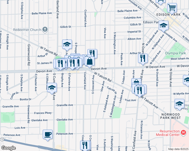 map of restaurants, bars, coffee shops, grocery stores, and more near 430 Talcott Place in Park Ridge