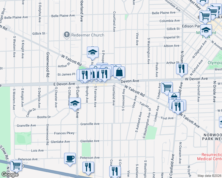 map of restaurants, bars, coffee shops, grocery stores, and more near 1229 Courtland Avenue in Park Ridge