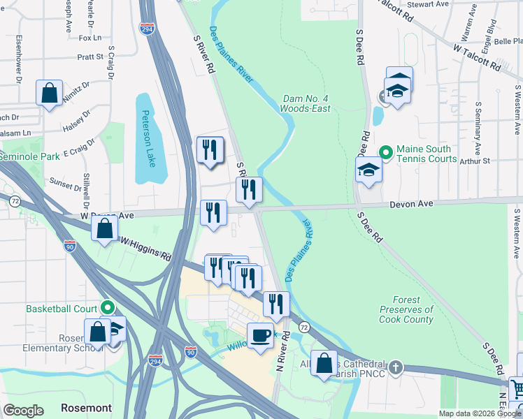 map of restaurants, bars, coffee shops, grocery stores, and more near 2300 E Devon Ave in Des Plaines