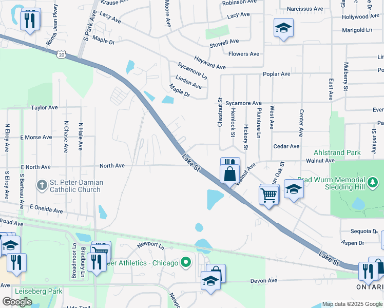 map of restaurants, bars, coffee shops, grocery stores, and more near in Streamwood