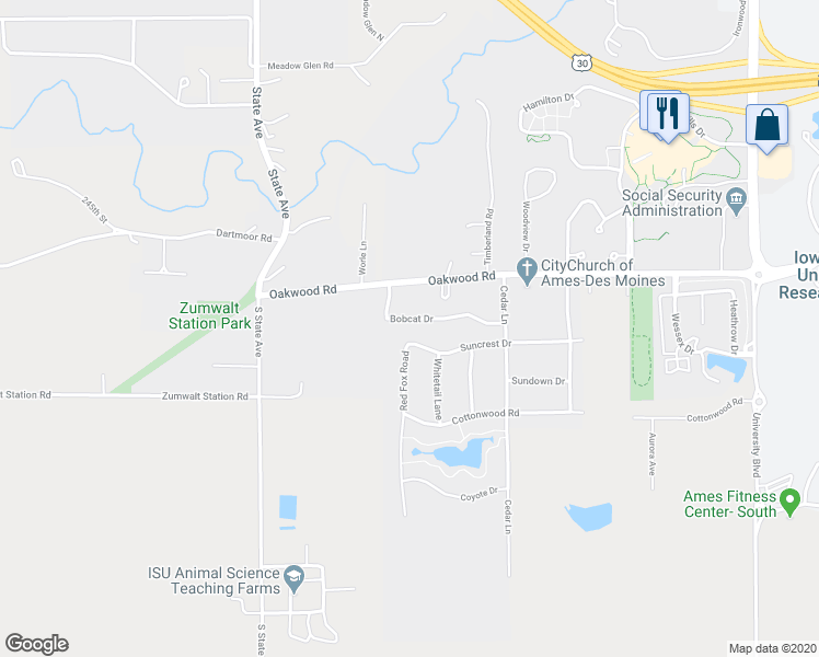 map of restaurants, bars, coffee shops, grocery stores, and more near 2710 Bobcat Drive in Ames