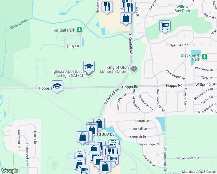 map of restaurants, bars, coffee shops, grocery stores, and more near 36 Hopps Road in Elgin