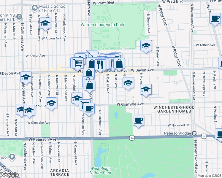 map of restaurants, bars, coffee shops, grocery stores, and more near 6245 North Oakley Avenue in Chicago
