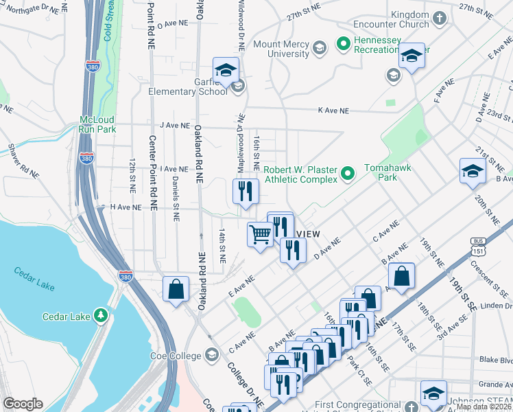 map of restaurants, bars, coffee shops, grocery stores, and more near 921 16th Street Northeast in Cedar Rapids