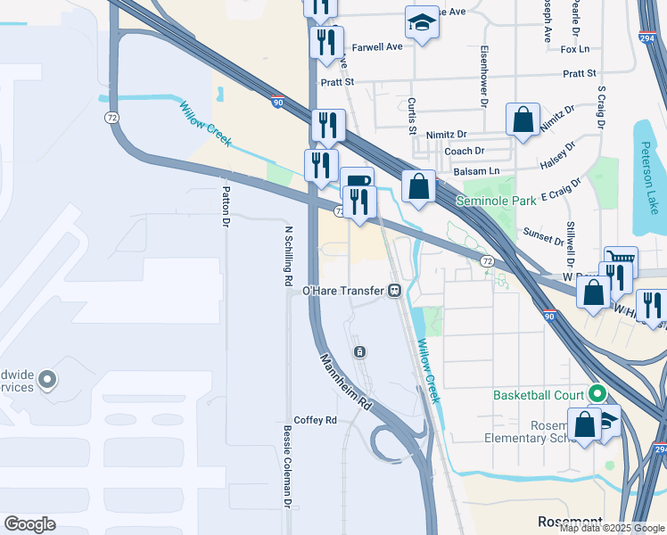map of restaurants, bars, coffee shops, grocery stores, and more near 10275 West Higgins Road in Rosemont