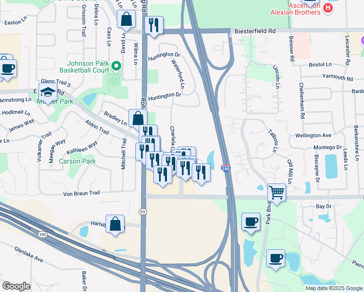 map of restaurants, bars, coffee shops, grocery stores, and more near 1037 Charlela Lane in Elk Grove Village
