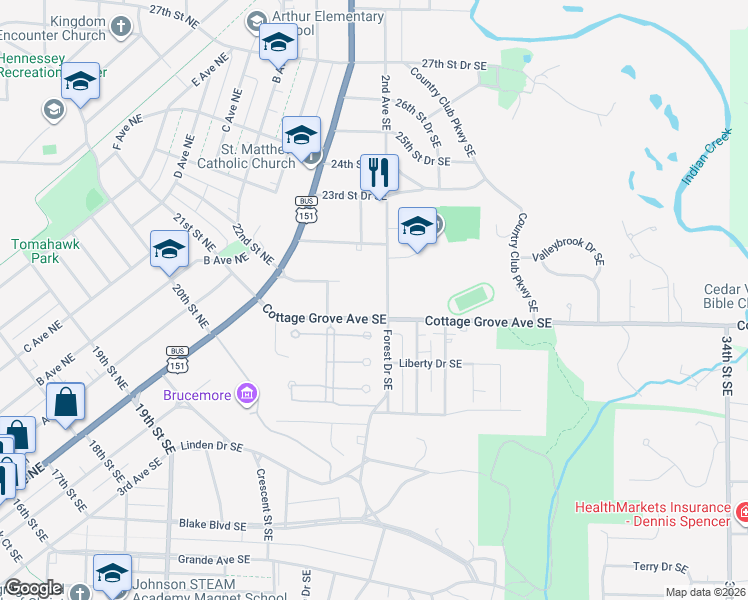 map of restaurants, bars, coffee shops, grocery stores, and more near 190 Cottage Grove Avenue Southeast in Cedar Rapids