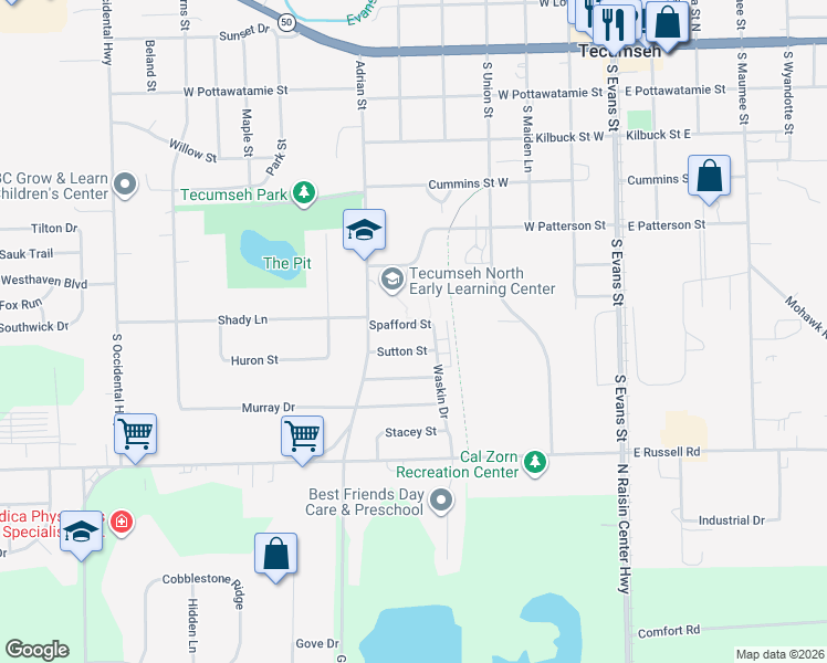 map of restaurants, bars, coffee shops, grocery stores, and more near 504 Spafford Street in Tecumseh