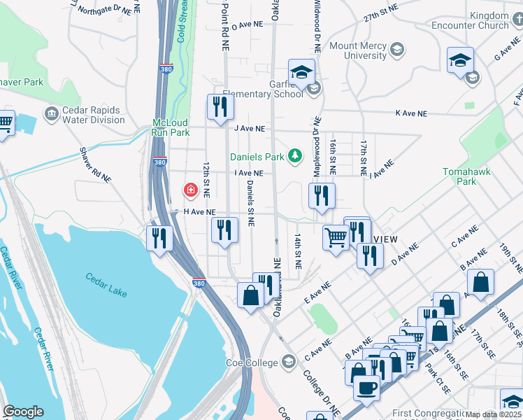 map of restaurants, bars, coffee shops, grocery stores, and more near 1352 H Avenue Northeast in Cedar Rapids