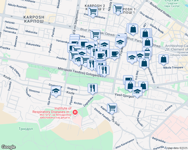 map of restaurants, bars, coffee shops, grocery stores, and more near Mitropolit Teodosij Gologanov in Skopje