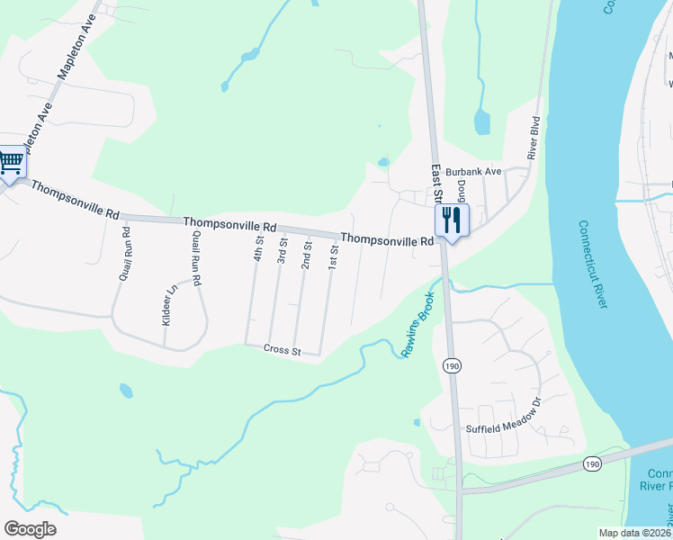 map of restaurants, bars, coffee shops, grocery stores, and more near 42 1st Street in Suffield