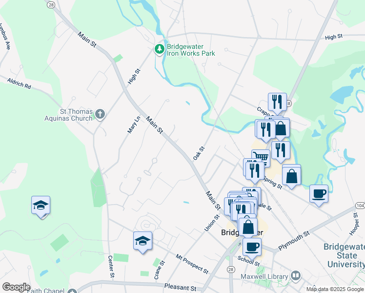 map of restaurants, bars, coffee shops, grocery stores, and more near 249 Main Street in Bridgewater
